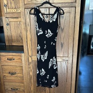 Vtg y2k 90s dainty beaded fairy Whimsigoth Black‎ White butterfly midi Dress S